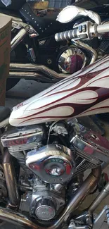 Vintage motorcycle with chrome details in a garage setting.