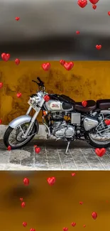 Classic motorcycle with red hearts on yellow wall background.