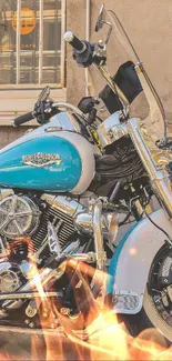 Classic motorcycle parked with turquoise highlights against a rustic wall.