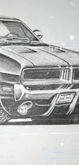 Black and white illustration of a classic muscle car with intricate detailing.