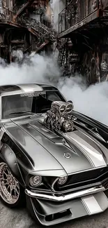 Classic muscle car emits smoke in urban setting.