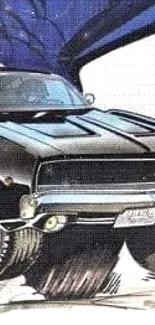 Illustrated classic muscle car drifting action.