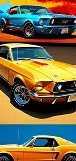 Vibrant vintage Ford Mustang cars in colorful composition.