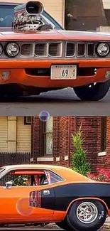 Vintage orange muscle car on urban streets.