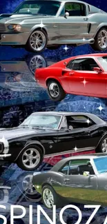 Classic muscle cars against a cosmic blue background, perfect for auto enthusiasts.