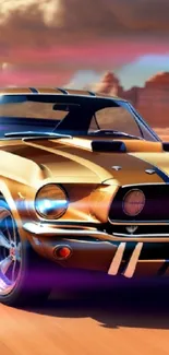 Vintage Mustang car driving in desert setting with blue sky backdrop.