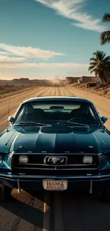 Classic blue Mustang driving through desert road at sunset with palm trees.