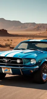 Classic blue Mustang driving through a scenic desert landscape.