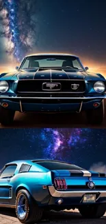 Classic Mustang under starry night sky in desert landscape.