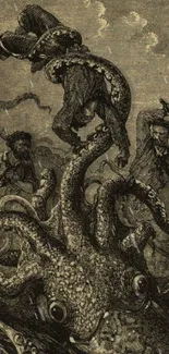 Vintage illustration of sailors fighting a giant squid at sea.