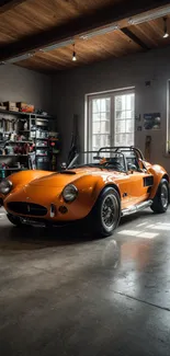 Vintage orange car in a garage workspace.