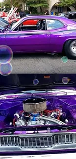 Purple vintage muscle car with exposed engine and classic design.