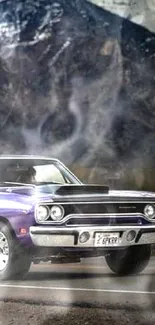 Purple classic muscle car with mountain backdrop wallpaper.