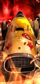 Vintage red and yellow racing car in a vibrant wallpaper.