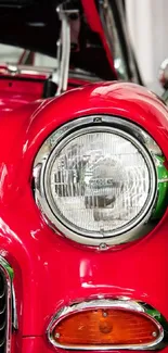 Close-up of a classic red car's headlight and sleek design details.