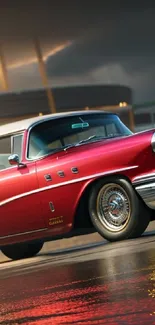 Elegant red vintage car on a wet road.