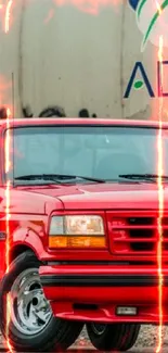 Classic red truck parked in front of a train for mobile wallpaper.