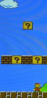 Retro Mario game wallpaper with blocks and pipes on a blue sky background.