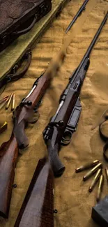 Vintage wooden rifles and ammo on display rug.