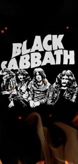 Black Sabbath band illustration in black and white for mobile wallpaper.