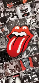 Red tongue logo amidst rock album collage wallpaper.