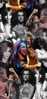 Collage of classic rock stars performing with guitars and expressive poses.