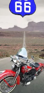 Vintage motorcycle on Route 66 with desert background.