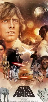Star Wars themed wallpaper with iconic sci-fi characters and spaceships.