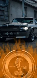 Shelby GT500 against flaming background.