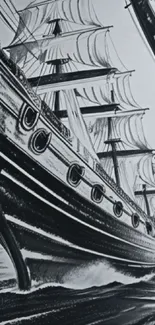 Monochrome artwork of a sailing ship on the ocean.