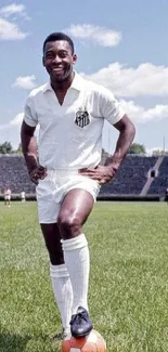 Vintage soccer field with player and green grass below a cloudy sky.