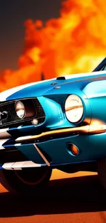 Blue classic sports car with fiery backdrop.