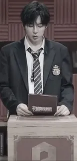 Person in a classic suit standing at a wooden podium in grayscale.