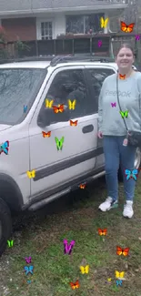 Woman smiling next to a white SUV in a suburban setting.