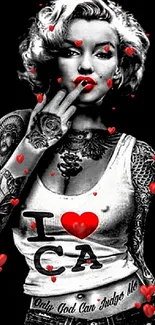 Classic tattoo icon in black and white with red lips and heart on mobile wallpaper.