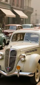 Vintage car on busy city street, classic scene.