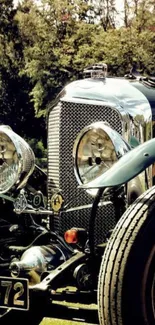 Vintage car with scenic background, featuring chrome and classic design.