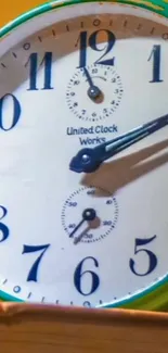 Vintage wall clock showing time past twelve.