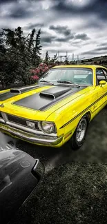 Vibrant yellow classic car on green grass, perfect for automotive fans.