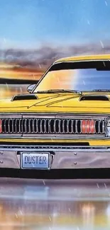 Wallpaper featuring a yellow classic muscle car at sunset.