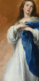 Classical painting with serene figure draped in blue.