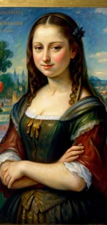 Elegant woman in classical portrait with scenic background.