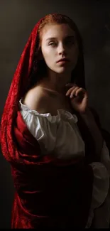 Classical portrait of a woman in a red cloak with a dark background.