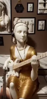 Statue with guitar and headphones, brown background.