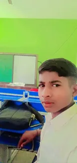 Student sitting at blue desk in vibrant classroom with green walls.