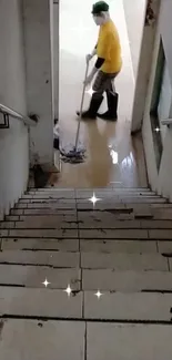 Person mopping stairs with sparkles and white tones.