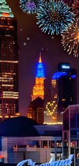 Cleveland skyline at night with fireworks.