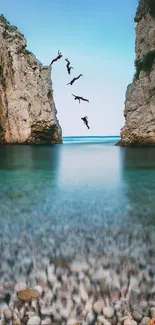 Cliff divers in serene ocean landscape with rocky cliffs.