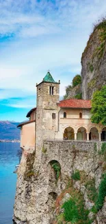 Charming cliffside monastery overlooking a lake.