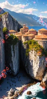 Scenic view of a monastery perched on a cliff above the ocean.